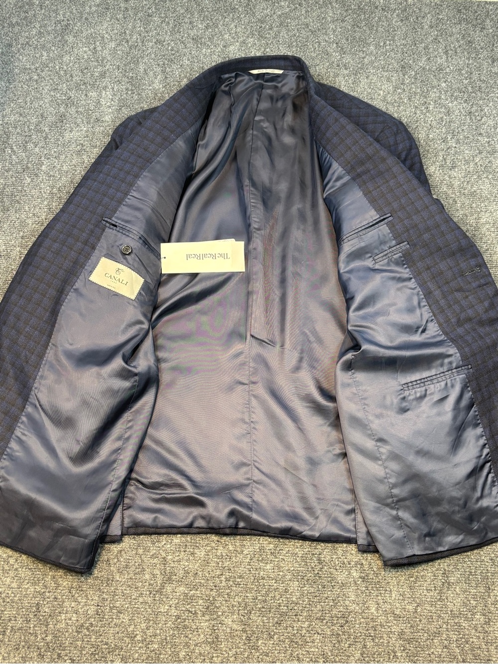 CANALI blue and black check pattern wool and silk blend blazer 43R - Picture 6 of 14